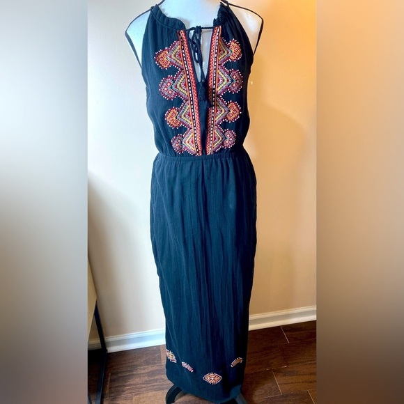 Madewell Embroidered Black Boho Aztec Maxi Dress Halter Top size Small EUC - Picture 1 of 11